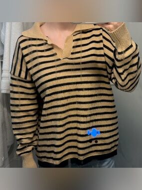 Beige & Black Striped Collared Knit Sweater – Size M